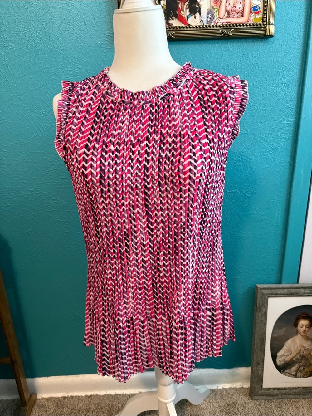 DKNY Pink Multi-Print Sleeveless Pleated Camisole